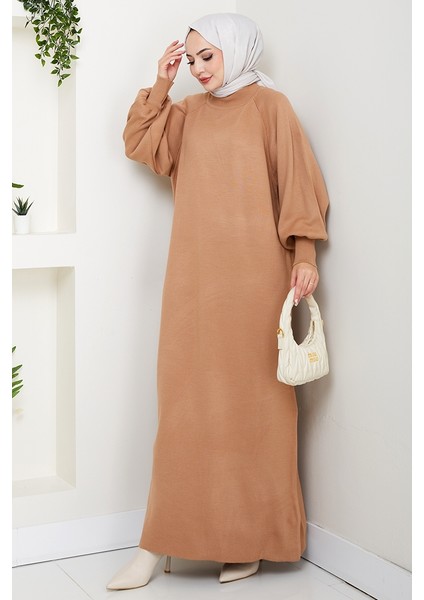 Balon Kol Triko Elbise 1600 - Açık Kahve modelleri
