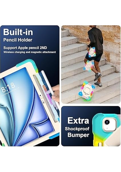 Sağlam Darbeye Dayanıklı Kılıf Uyumlu iPad Air 11 -Inç (M2/m3) 2024/2025 (2902/A2836), Ağır Hizmet Tipi Çocuk Erkek Kız Kılıfı 360 Derece Dönebilen Kickstand ve Omuz Askısı modelleri