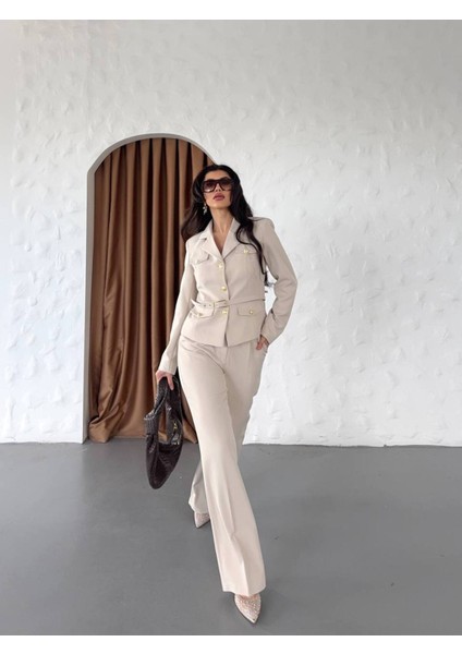 Kadın Kemerli Gold Düğmeli Ceket Palazzo Pantolon Takım Elbise modelleri