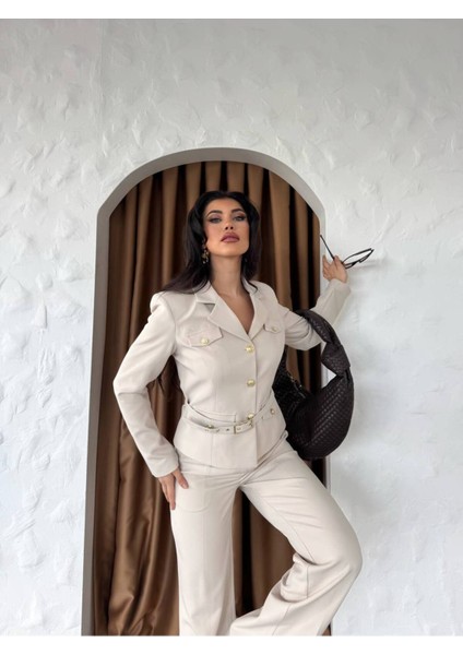 Kadın Kemerli Gold Düğmeli Ceket Palazzo Pantolon Takım Elbise