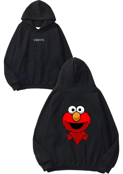 Elmo Tasarım Baskılı Oversize Siyah Kapüşonlu Sweatshirt