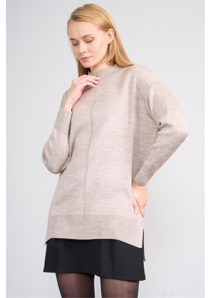Çetinkaya Miya Mira Modest 8626 Kadın Dik Yaka Akrilik Yırtmaçlı Triko Kazak Vizonmelanj