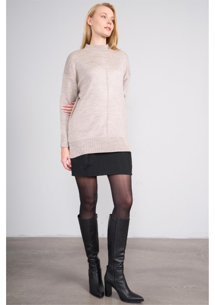 Çetinkaya Miya Mira Modest 8626 Kadın Dik Yaka Akrilik Yırtmaçlı Triko Kazak Vizonmelanj modelleri