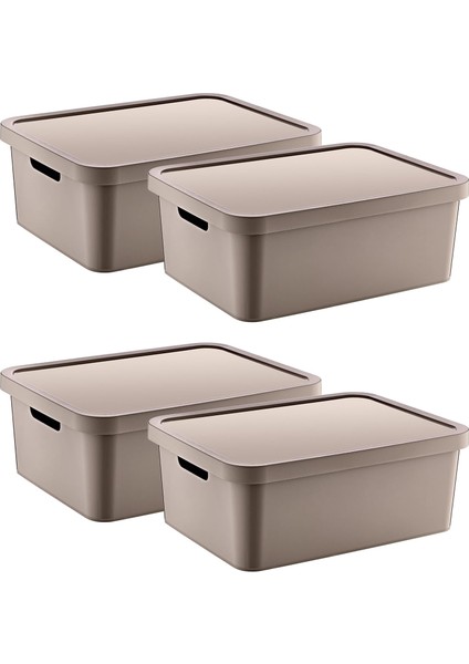 4&apos;lü Set Stafi Çok Amaçlı Kapaklı Kutu Terra 12 Lt - Bej, Çok Amaçlı Kapaklı Kutu, Ev-Ofis-Depo Için, Kapaklı Saklama Kutusu