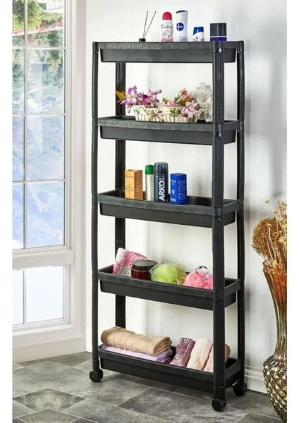 Plastik 5 Katlı Tekerlekli Organizer Diktördgen Raf Ünitesi Siyah