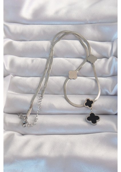 Bfs 316L Çelik Gümüş Renk Italyan Zincirli Mineli Yonca Kolye fiyatları