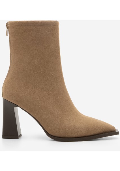 Kadın Topuklu Bot Sivri Burun Arkadan Fermuarlı Kalın Ökçe Kikas Taba Süet modelleri