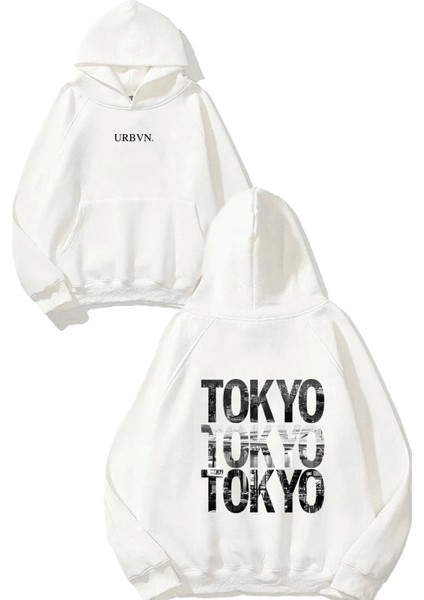 Tokyo City Tasarım Baskılı Oversize Beyaz Kapüşonlu Sweatshirt