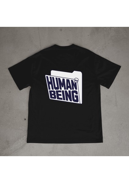 Human Tasarım Baskılı Siyah Oversize T-Shirt