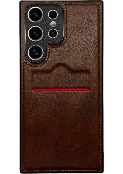 Samsung Galaxy S22 Ultra Deri Kartlıklı Lüks Kılıf Koyu Kahverengi