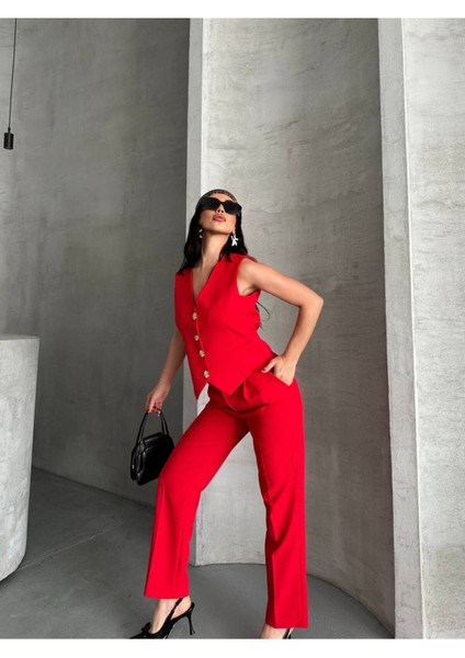 Kadın Alt Üst Takım Şık Taş Düğme Detaylı Premium Yelek Pantolon Ikili Takım Elbise modelleri