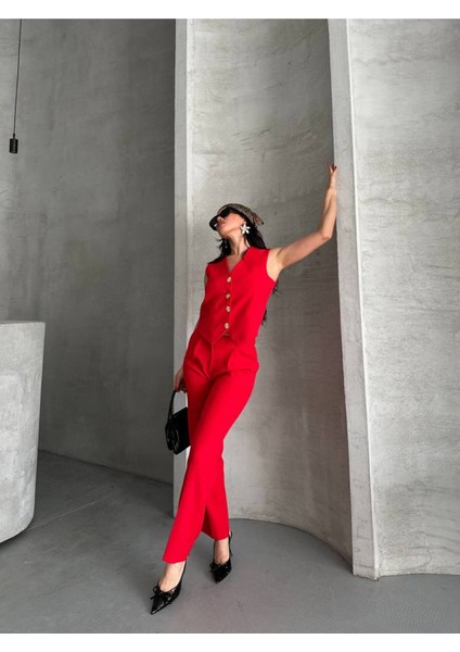 Kadın Alt Üst Takım Şık Taş Düğme Detaylı Premium Yelek Pantolon Ikili Takım Elbise fırsatları