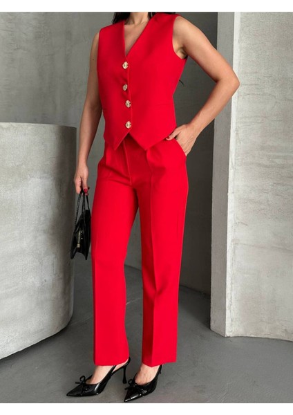 Kadın Alt Üst Takım Şık Taş Düğme Detaylı Premium Yelek Pantolon Ikili Takım Elbise