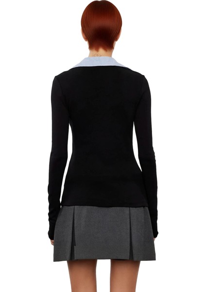 Kadın Moda Şık Uzun Polo Yaka Regular Kalıp Örme Dokuma Detaylı Gömlek Yaka Normal Kalıp Bluz modelleri