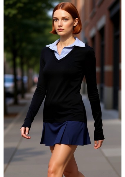 Kadın Moda Şık Uzun Polo Yaka Regular Kalıp Örme Dokuma Detaylı Gömlek Yaka Normal Kalıp Bluz fırsatları