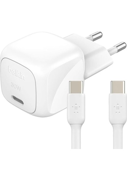 Boostcharge Kompakt Duvar Şarj Cihazı 30 W, Seyahat Dostu Usb-C Power Delivery Hızlı Şarj, Iphone, Samsung Galaxy, Ipad, Airpods, Tablet ve Daha Fazlası, Usb-C’den Usb-C’ye Kablo Ile, Beyaz
