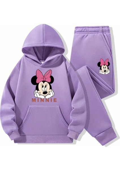 Punıx Kıds Özel Tasarım Kapüşonlu Pembe Kurdeleli Minnie Baskılı %100 Pamuk Kışlık Kız Çocuk Eşofman Takımı