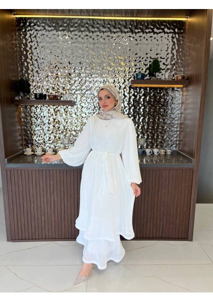 Zarif Katmanlı Kemerli Detaylı Şık Elbise ELB16074