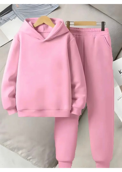 Punıx Kıds Özel Üretim Kapüşonlu Baskısız Düz Renk 3 Iplik %100 Pamuk Kız-Erkek Çocuk Kışlık Eşofman Takımı