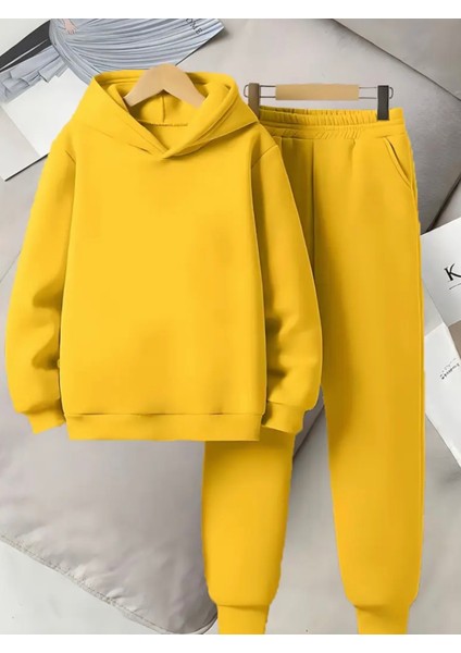 Punıx Kıds Özel Üretim Kapüşonlu Baskısız Düz Renk 3 Iplik %100 Pamuk Kız-Erkek Çocuk Kışlık Eşofman Takımı