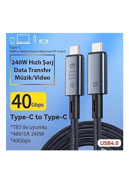 40GBPS 240W 4.0 Thunderbolt Type-C To Type-C Şarj, Data ve 8k 60Hz Görüntü Aktarım Kablosu Tip C 2 Metre CZ855 modelleri
