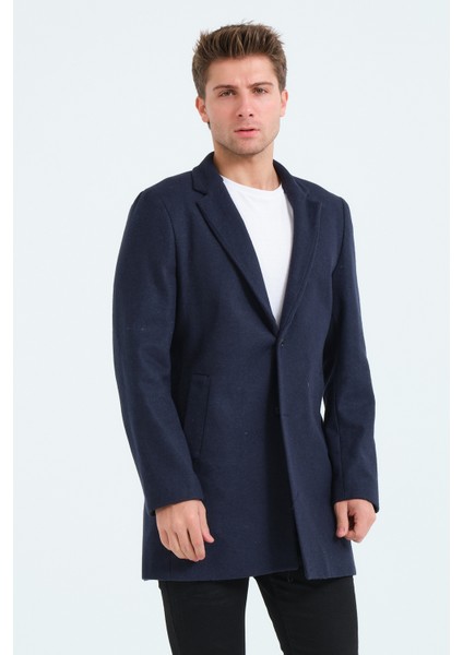 Erkek Dar Kalıp Slim Fit Lacivert Kaşe Kaban, Mont