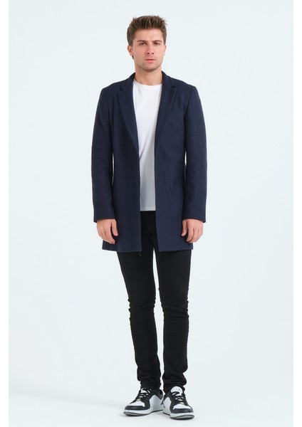 Erkek Dar Kalıp Slim Fit Lacivert Kaşe Kaban, Mont