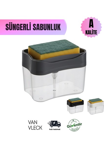 Pompalı Süngerli Sabunluk & Deterjanlık – Dayanıklı Plastik, Tasarruflu Kullanım, Beyaz-Siyah-Gri