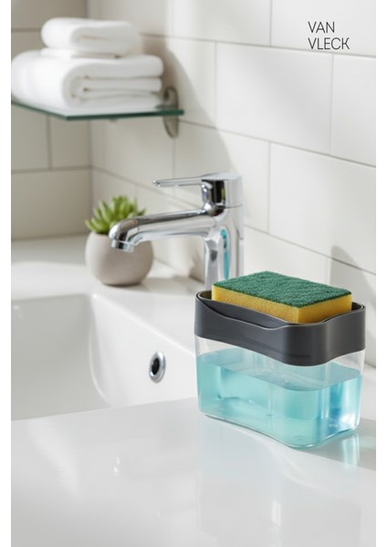 Pompalı Süngerli Sabunluk & Deterjanlık – Dayanıklı Plastik, Tasarruflu Kullanım, Beyaz-Siyah-Gri modelleri