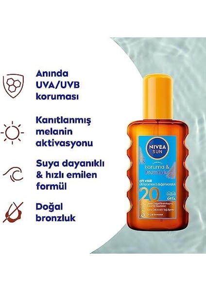Nıvea Sun SPF20 Güneş Koruyucu ve Bronzlaştırıcı Vücut Sprey 200ML,SUYA Dayanıklı, Doğal Bronzluk, Uva Uvb fiyatları