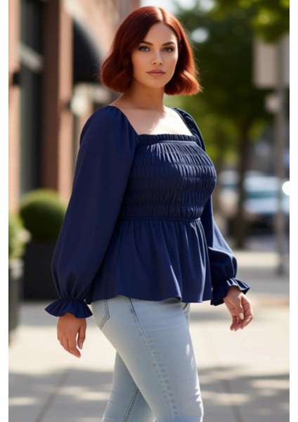 Kadın Dokuma Bluz Kare Yaka Büzgülü Kol Crop Boy A Line Siluet Feminine Şıklık Ilkbahar modelleri