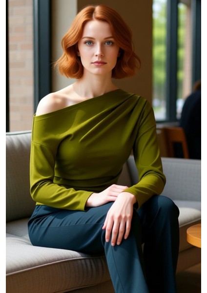 Kadınlar Için Asimetrik Yaka Detaylı Dökümlü Örme Bluz Kaliteli Şık Rahat Modern Zarif Günlük