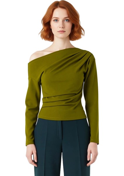 Kadınlar Için Asimetrik Yaka Detaylı Dökümlü Örme Bluz Kaliteli Şık Rahat Modern Zarif Günlük fiyatları