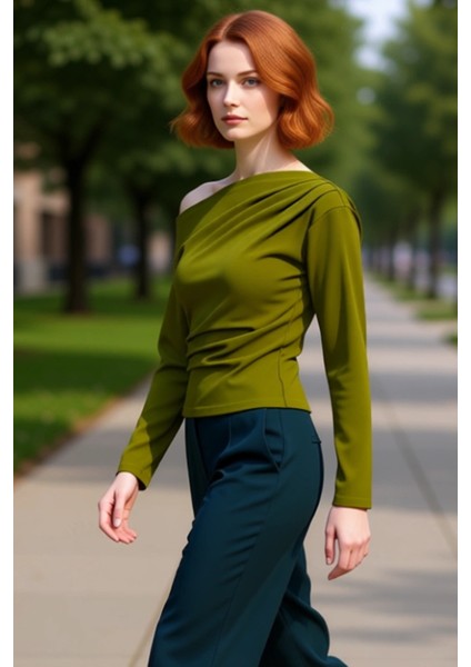 Kadınlar Için Asimetrik Yaka Detaylı Dökümlü Örme Bluz Kaliteli Şık Rahat Modern Zarif Günlük fırsatları