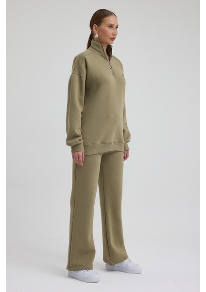 Kadın Eşofman Takımı Yarım Fermuarlı Alleyes Baskı Içi Pamuklu Haki Eşofman Takımı Alt Üst Takım