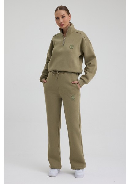 Kadın Eşofman Takımı Yarım Fermuarlı Alleyes Baskı Içi Pamuklu Haki Eşofman Takımı Alt Üst Takım fiyatları