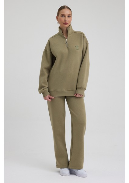 Kadın Eşofman Takımı Yarım Fermuarlı Alleyes Baskı Içi Pamuklu Haki Eşofman Takımı Alt Üst Takım fırsatları