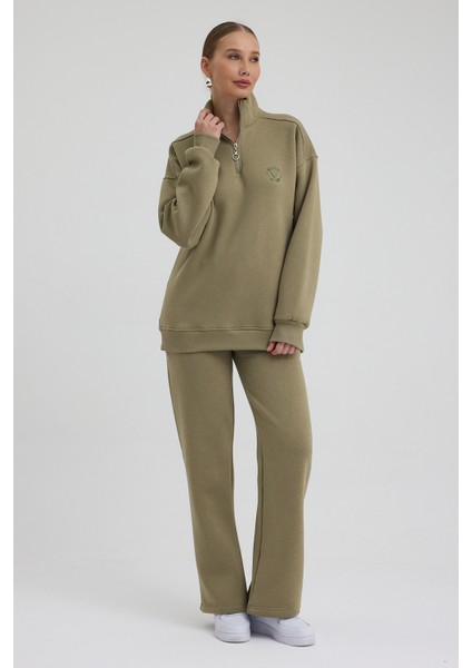 Kadın Eşofman Takımı Yarım Fermuarlı Alleyes Baskı Içi Pamuklu Haki Eşofman Takımı Alt Üst Takım indirimleri