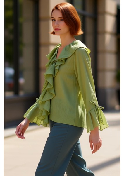 Kadın Dokuma Kumaşlı V Yaka Uzun Kollu Bluz Kaliteli Şık Rahat Modern Zarif Günlük fırsatları