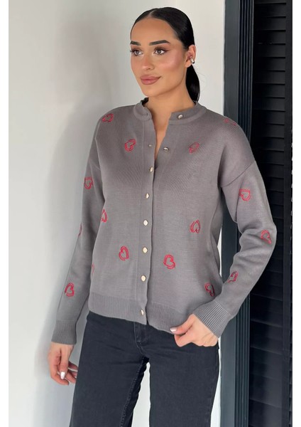 Kalp Nakışlı Kadın Triko Hırka (S-M-L Uyumludur) P-00018884