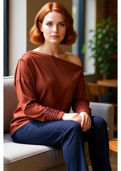 Kadın Giyim Asimetrik Yaka Örme Bluz Rahat Kesim ve Şık Detaylarla Günlük Şıklık Kaliteli Şık