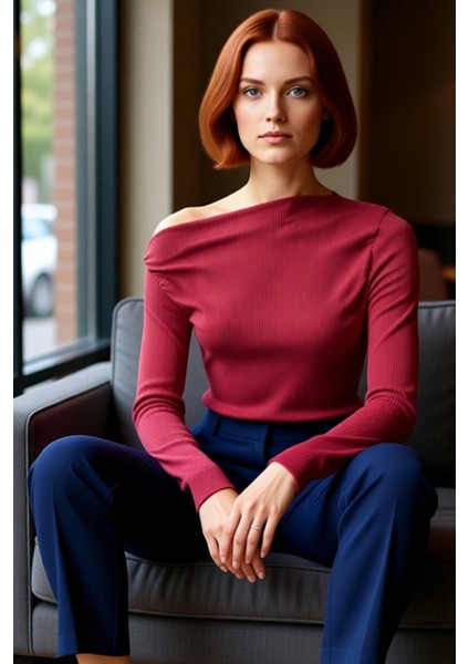 Kadın Moda Şık Üst Giyim Uzun Kayık Yaka Slim Kalıp Örme Drapeli Asimetrik Esnek Bluz