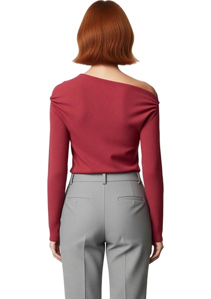 Kadın Moda Şık Üst Giyim Uzun Kayık Yaka Slim Kalıp Örme Drapeli Asimetrik Esnek Bluz modelleri