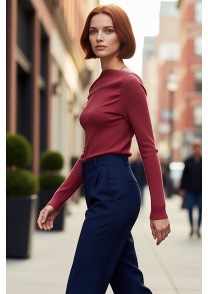 Kadın Moda Şık Üst Giyim Uzun Kayık Yaka Slim Kalıp Örme Drapeli Asimetrik Esnek Bluz fırsatları