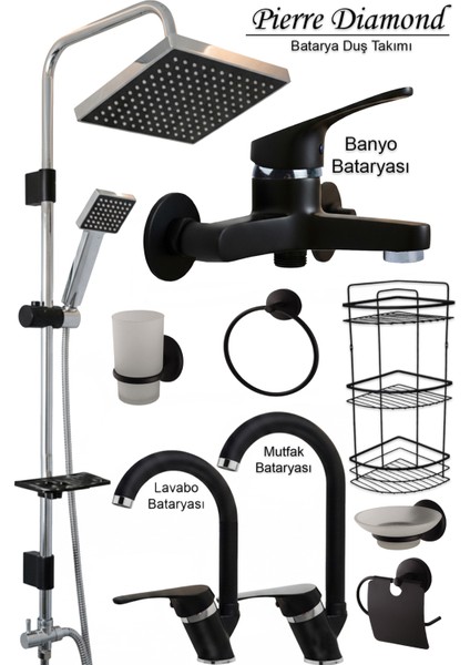 Siyah Irmak Batarya Seti Diamond Robot Duş Duşu 2 Lavabo Banyo Mutfak Bataryası Eviye