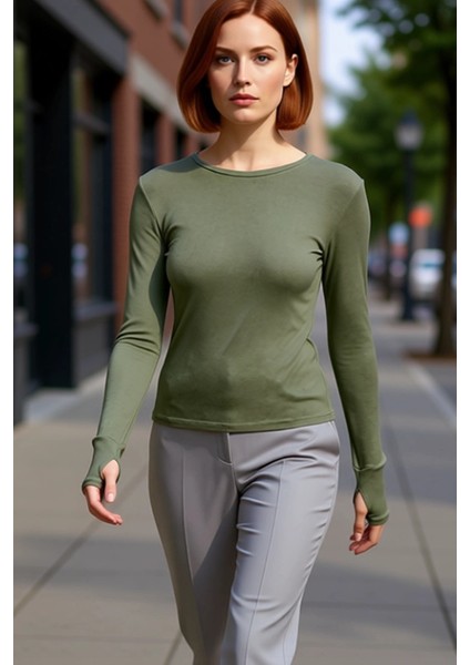 Kadın Regular Bisiklet Yaka Slim Kalıp Örme Viskon Yumuşak Kumaşlı Parmak Geçme Detaylı Esnek Bluz fırsatları