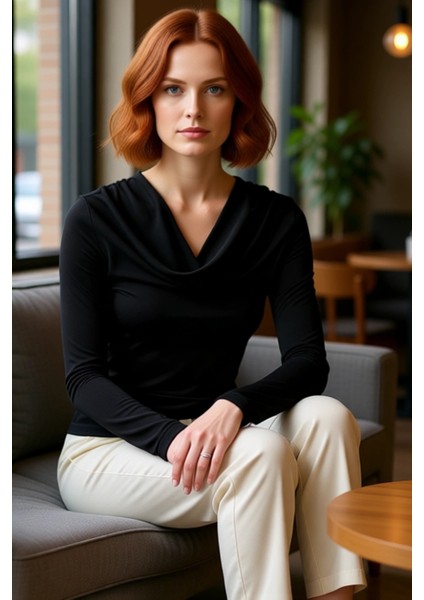 Kadın Moda Şık Üst Giyim Regular Degaje Yaka Slim Kalıp Örme Vücuda Oturan Esnek Kol Buzzy Bluz