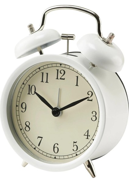 Dekad Analog Nostalji-Alarmlı Saat Çanlar Çalar Saat ile Metal Kasa ve Ön Cam – G x D x Y 10 x 6 x 14 cm – Beyaz