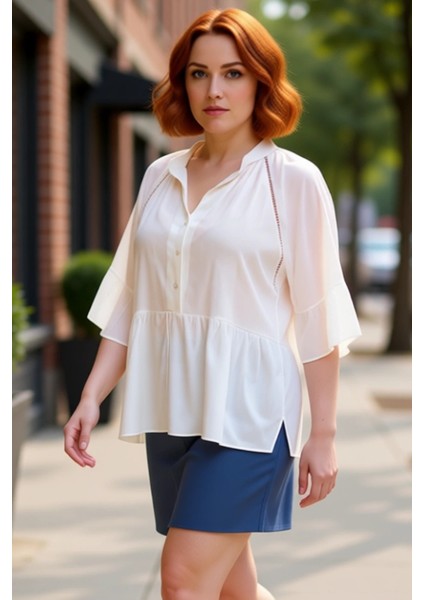 Kadın Plus Size V Yaka Kısa Kol Dokuma Peplum Gömlek Konforlu ve Zarif Seçim Kaliteli Şık Rahat modelleri