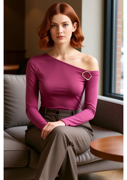 Kadınlar Için Asimetrik Yaka Uzun Kollu Aksesuar Detaylı Örme Bluz Kaliteli Şık Rahat Modern fırsatları